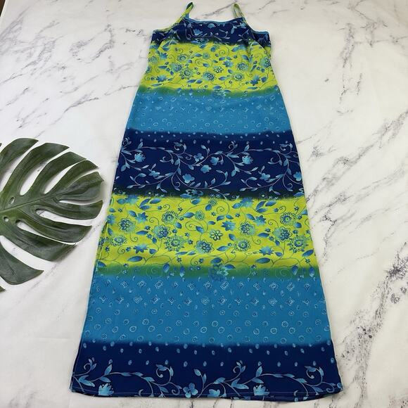 California Concepts Vintage Y2k Maxi Slip Dress Size S Blue Green Floral Shift - Picture 1 of 9
